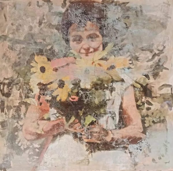 Lena Reuter - E mit Sonnenblumen (2022), Acryl auf Hartfaser, 80 x 80 cm