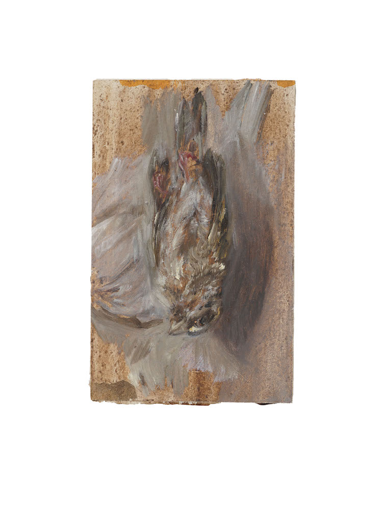 Vroni Schwegler, Vogel mit Goldresten, Öl auf MDF, 2022, 19 x 12 cm