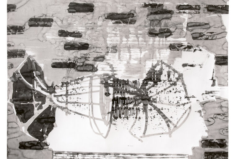 Harald Priem - Schiff des Ikarus II, 2022 Tusche auf Papier, circa 108 x 128 cm