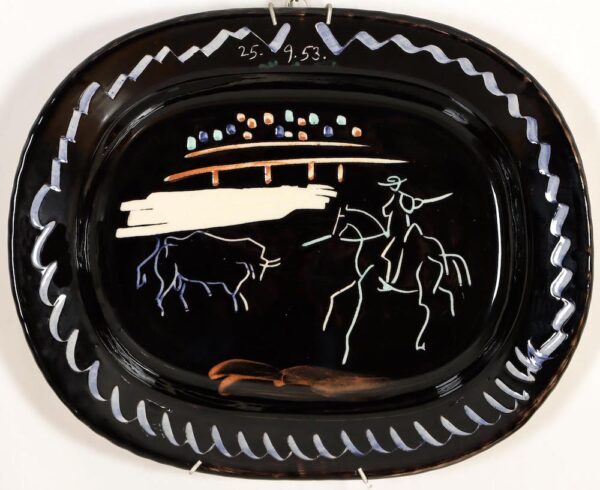 Pablo Picasso: Corrida sur Fond noir, 1953, Keramikplatte, A. Ramié 198, 31,5 x 38,5 cm